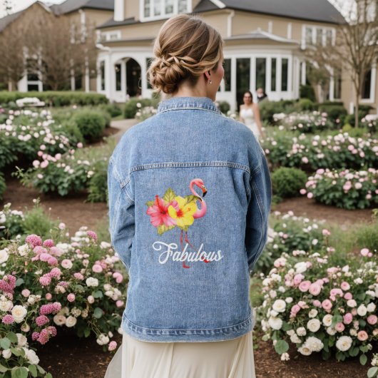Vrouwen Fabulous Flamingo Tropische Bloemen Roze Denim Jacket (Huwelijk Achterkant)