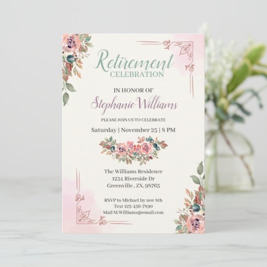 Vrouwen Floral Classic Elegant Pensioen Party Kaart (Staand voorkant)