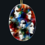 vrouwen geconfronteerd met abstracte waterverven p keramisch ornament<br><div class="desc">vrouwen gezichten abstracte waterverven schilderen pop kunst keramische ovaal Ornament</div>