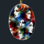 vrouwen geconfronteerd met abstracte waterverven p keramisch ornament<br><div class="desc">vrouwen gezichten abstracte waterverven schilderen pop kunst keramische ovaal Ornament</div>