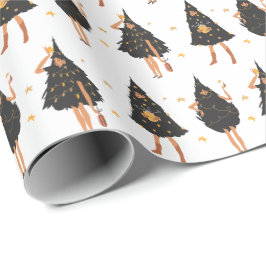 Vrouwen gekleed in de zwarte kerstboom, wit cadeaupapier