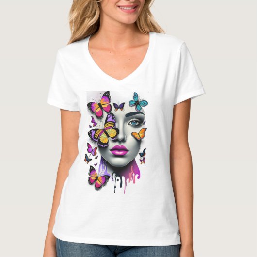 Vrouwen gezicht en vlinders, fantasie t-shirt (Voorkant)
