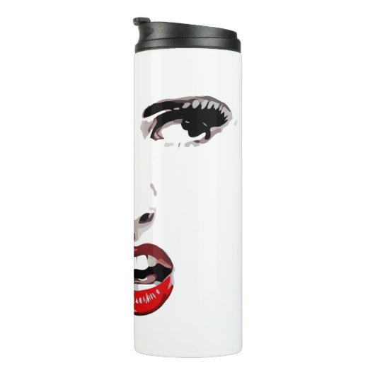 Vrouwen gezicht rode lippenstift donkere ogen make thermosbeker (Geroteerd rechts)
