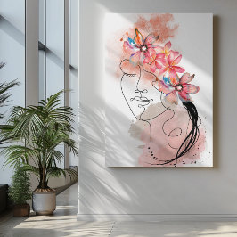 Vrouwen Gezichtslijn kunst met roze frangipani blo Canvas Afdruk