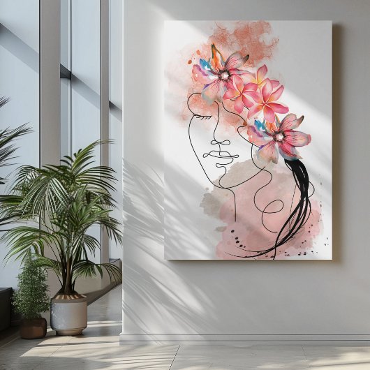 Vrouwen Gezichtslijn kunst met roze frangipani blo Canvas Afdruk