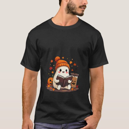 Vrouwen Ghost Reading Boek met Fall Leaves Hallowe T-shirt (Voorkant)