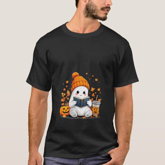 Vrouwen Ghost Reading Boek met Fall Leaves Hallowe T-shirt (Voorkant)