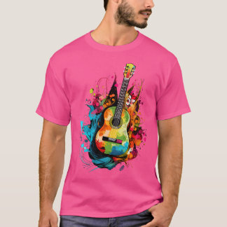 Vrouwen gitaar instrument op kleurrijke geschilder t-shirt