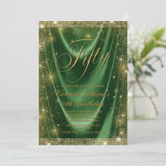 Vrouwen Glam Emerald Groen Goud 50e Verjaardag Kaart (Staand voorkant)