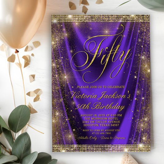Vrouwen Glam Paarse Goud 50e Verjaardag Kaart