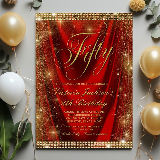 Vrouwen Glam Rood Goud 50e Verjaardag Kaart