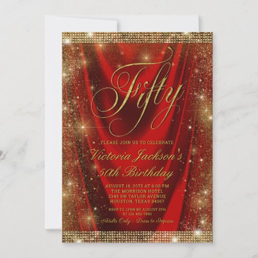 Vrouwen Glam Rood Goud 50e Verjaardag Kaart (Voorkant)