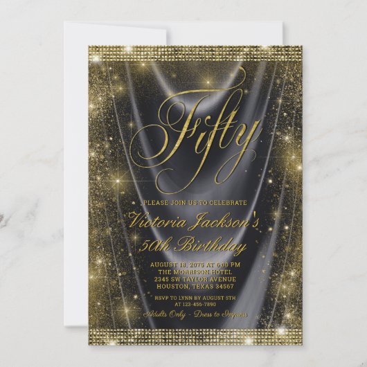 Vrouwen Glam Zwart Goud 50e Verjaardag Kaart (Voorkant)