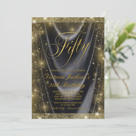 Vrouwen Glam Zwart Goud 50e Verjaardag Kaart (Staand voorkant)