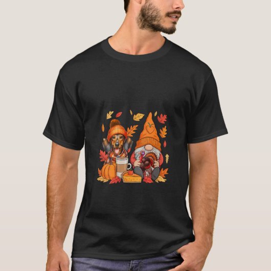 Vrouwen Gnome Turkije Teckel Thanksgiving Herfst L T-shirt (Voorkant)