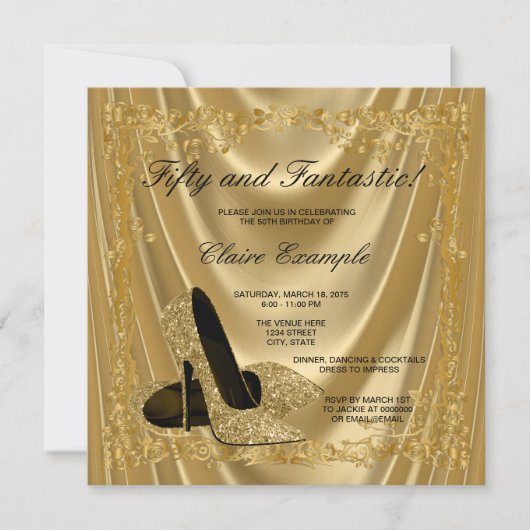 Vrouwen Goud Hoge Hakken Verjaardagsfeest Satin Gl Kaart (Voorkant)
