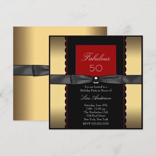 Vrouwen Goud Zwart Rood 50ste Verjaardag Party Kaart (Voorkant / Achterkant)