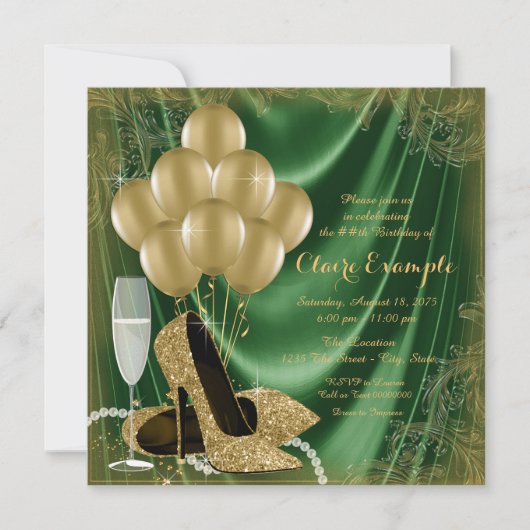 Vrouwen Groen en Goud Verjaardagsfeestje Satijn Gl Kaart (Voorkant)