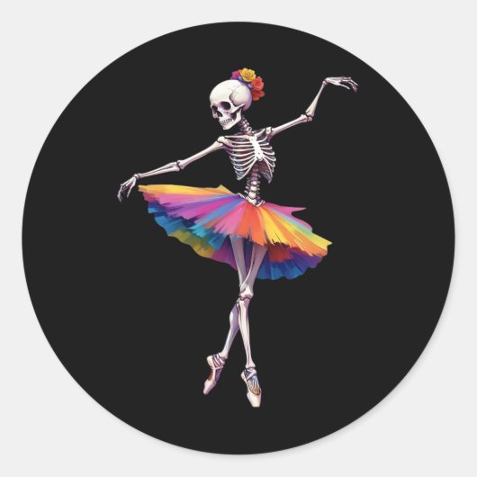 Vrouwen Halloween Dancing Skeleton Rainbow Balleri Ronde Sticker (Voorkant)