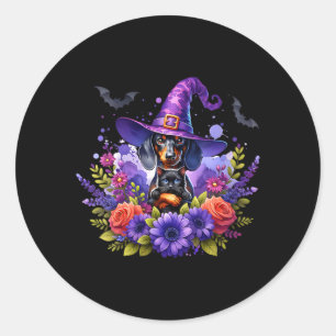 Vrouwen Halloween Spoky Hekserig Dasje Hond Zwart Ronde Sticker