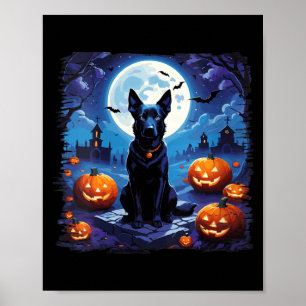 Vrouwen Halloween Zwarte Hond Onder De Maan Herfst Poster
