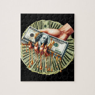 Vrouwen hand 100 dollar biljetten druppelen vloeib legpuzzel