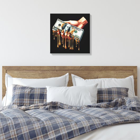 Vrouwen Hand 100 dollar Bill Liquid Gold Dripping Canvas Afdruk (Insitu (Slaapkamer))