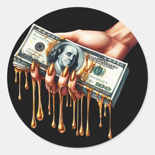 Vrouwen Hand 100 dollar Bill Liquid Gold Dripping Ronde Sticker (Voorkant)