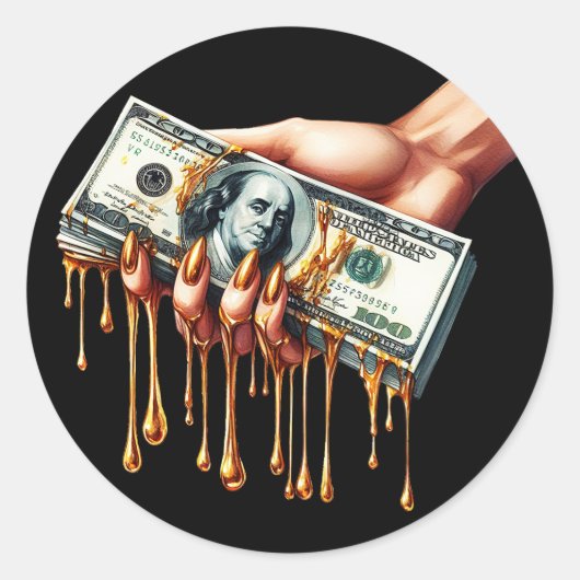 Vrouwen Hand 100 dollar Bill Liquid Gold Dripping Ronde Sticker (Voorkant)