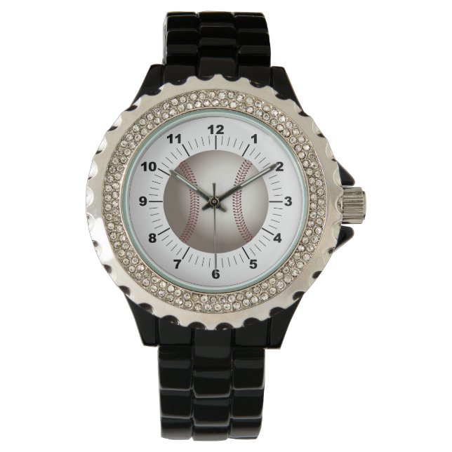 Vrouwen Honkbal Rhinestone Zwart emaille horloge (Voorkant)