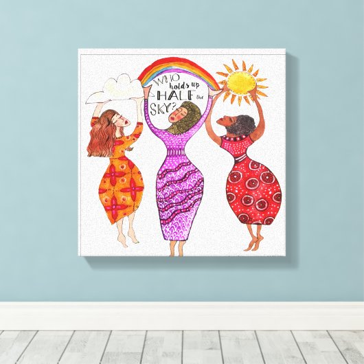 Vrouwen houden de halve hemel omhoog canvas afdruk (Insitu (Houten vloer))
