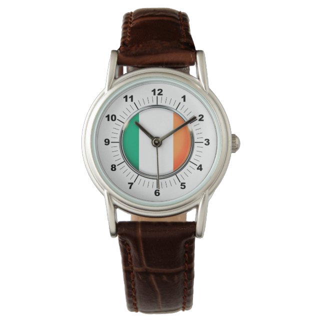 Vrouwen Ierland Vlag Classic Bruin Lederen Horloge (Voorkant)