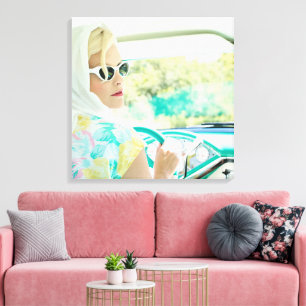 Vrouwen in de auto van de Vintage van 1950 Canvas Afdruk