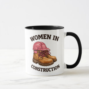 Vrouwen in de bouw met werkschoenen en veiligheids mok