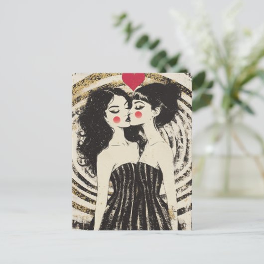 Vrouwen in de liefde zoenen in bijpassende jurken briefkaart (Staand voorkant)