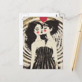 Vrouwen in de liefde zoenen in bijpassende jurken briefkaart