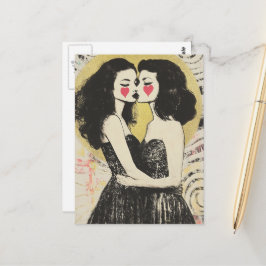 Vrouwen in de liefde zoenen in bijpassende zwarte briefkaart