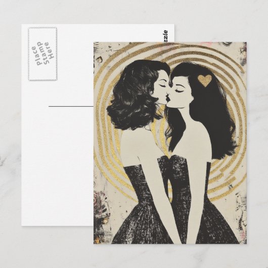 Vrouwen in de liefde zoenen in zwarte jurken goude briefkaart (Voorkant / Achterkant)