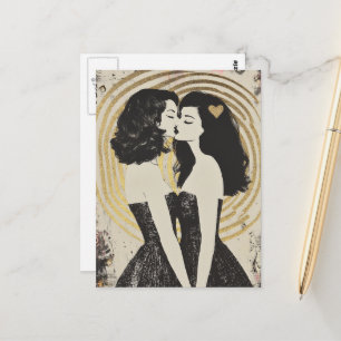 Vrouwen in de liefde zoenen in zwarte jurken goude briefkaart