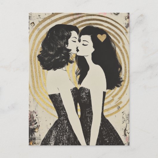 Vrouwen in de liefde zoenen in zwarte jurken goude briefkaart (Voorkant)