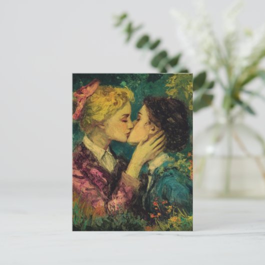 Vrouwen in de liefde zoenen olieverfschilderij briefkaart (Staand voorkant)