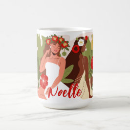 Vrouwen in de tuin, groene rode bloemen koffiemok