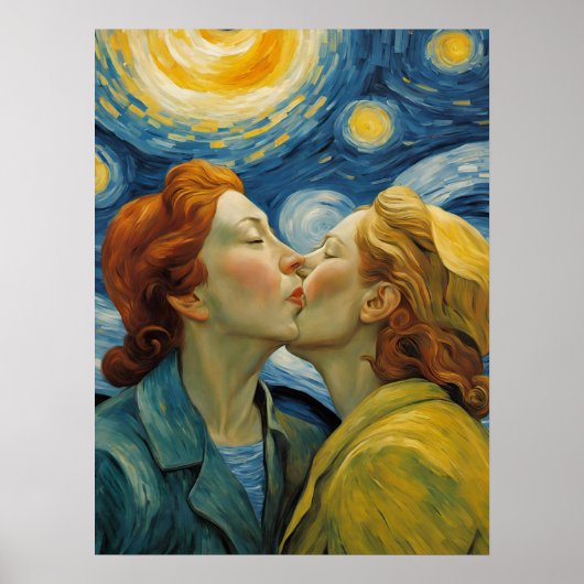 Vrouwen in Liefde Kussen Sterrennacht Poster (Voorkant)