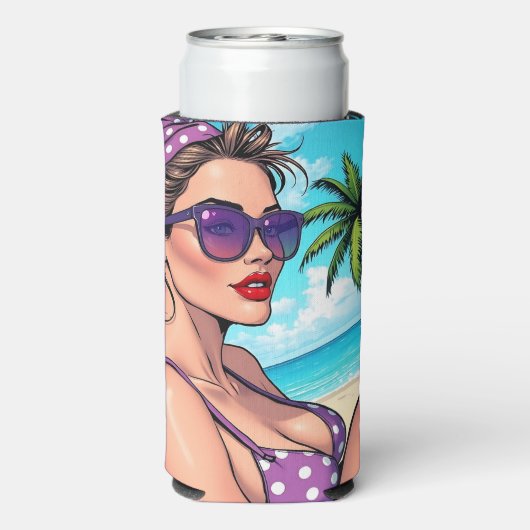 Vrouwen in Paarse bikini en bandanna op het strand Seltzer Blikjeskoeler (Seltzer Achterkant)