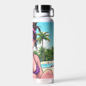 Vrouwen in Paarse bikini en bandanna op het strand Waterfles (Achterkant)