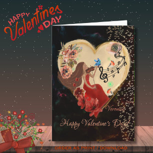 Vrouwen in Rode Jurk spelen viool Kaart