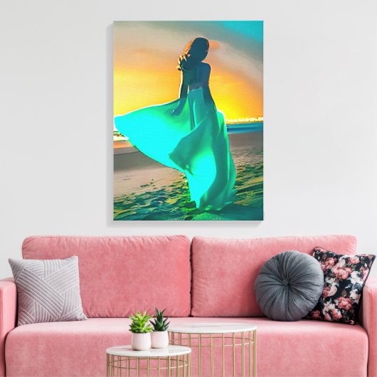 Vrouwen in Turquoise Blauw op een Nachtstrand Canvas Afdruk (Insitu (Woonkamer))