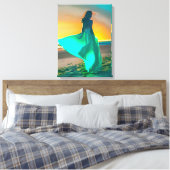 Vrouwen in Turquoise Blauw op een Nachtstrand Canvas Afdruk (Insitu (Slaapkamer))