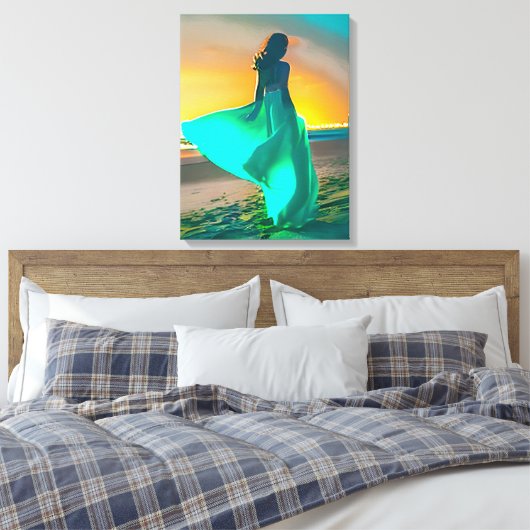 Vrouwen in Turquoise Blauw op een Nachtstrand Canvas Afdruk (Insitu (Slaapkamer))