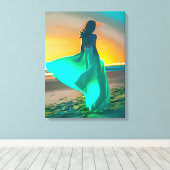Vrouwen in Turquoise Blauw op een Nachtstrand Canvas Afdruk (Insitu (Houten vloer))